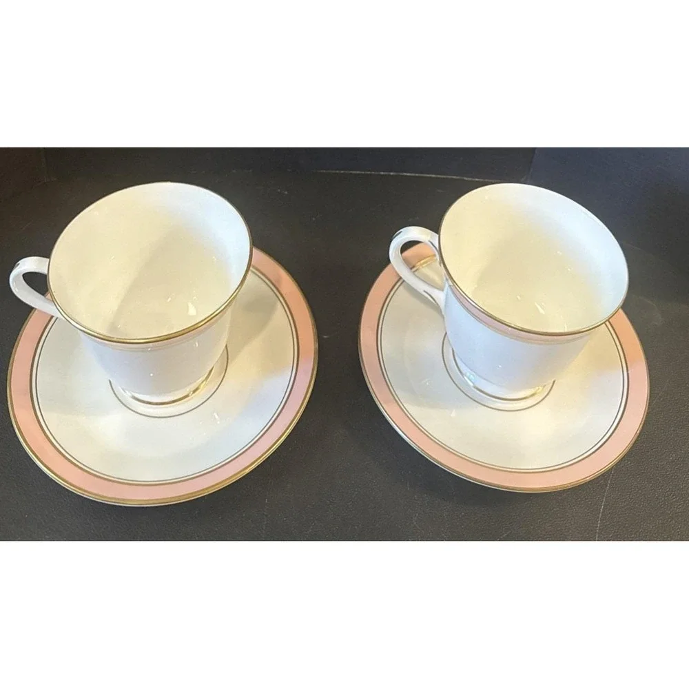 Royal Worcester Howard Pink Gold Trim Tea Cups Teacup Saucer Plates Set Of 2